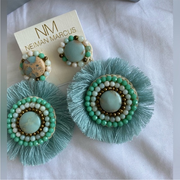 Neiman Marcus Statement Fran Drop Fringe Round Stone Bead Green Teal blue NWT - Picture 10 of 15
